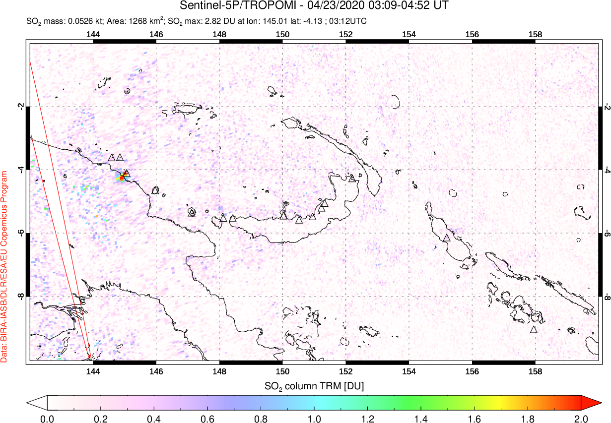 A sulfur dioxide image over Papua, New Guinea on Apr 23, 2020.