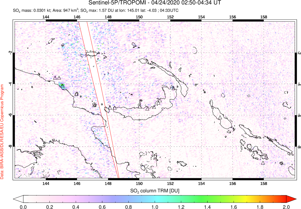 A sulfur dioxide image over Papua, New Guinea on Apr 24, 2020.