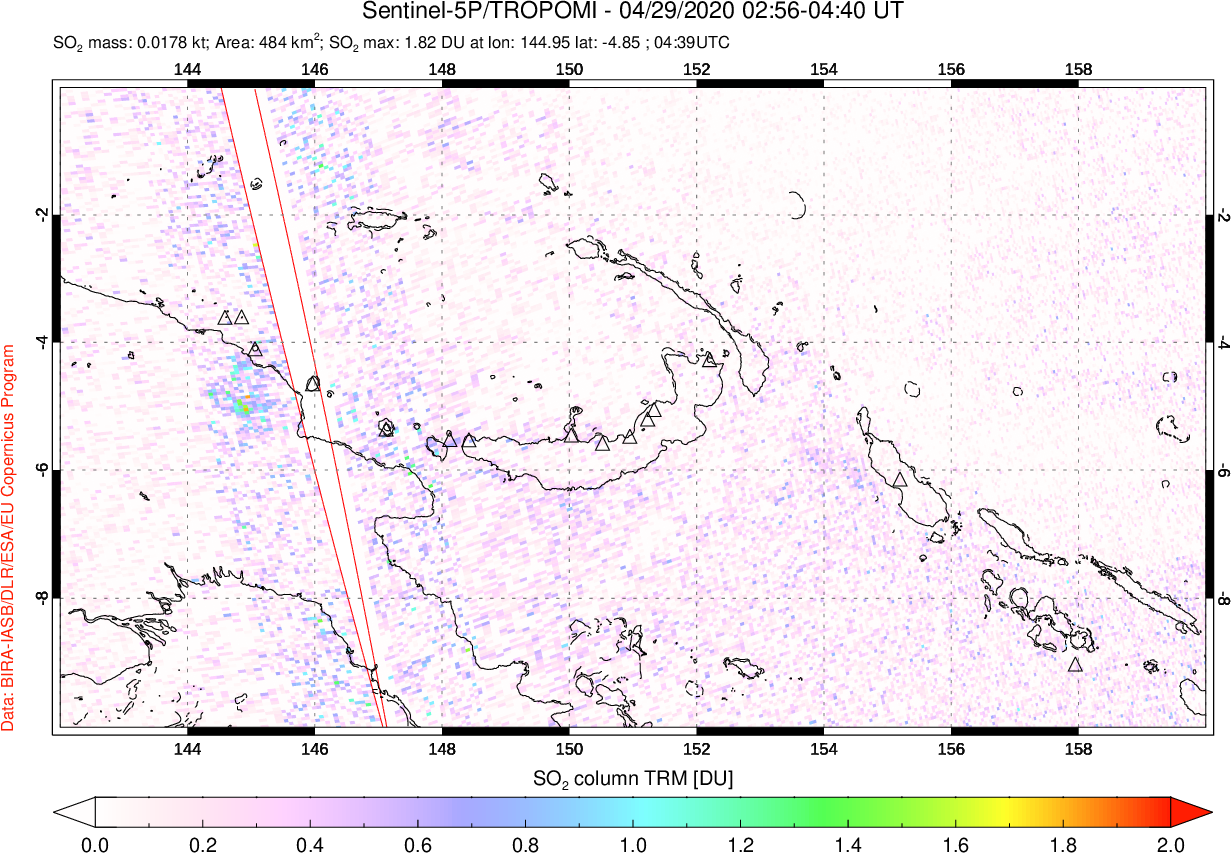 A sulfur dioxide image over Papua, New Guinea on Apr 29, 2020.