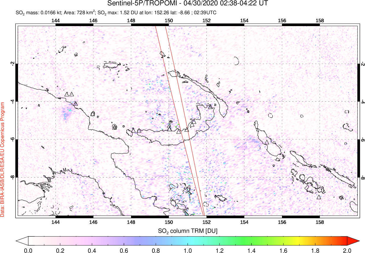 A sulfur dioxide image over Papua, New Guinea on Apr 30, 2020.