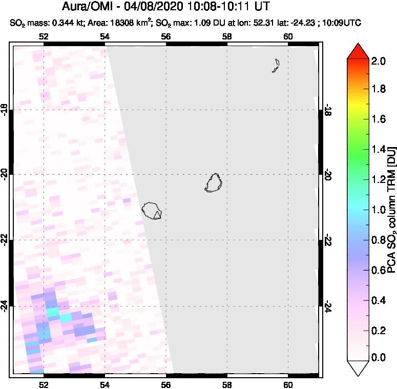 A sulfur dioxide image over Reunion Island, Indian Ocean on Apr 08, 2020.