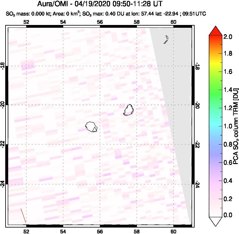 A sulfur dioxide image over Reunion Island, Indian Ocean on Apr 19, 2020.