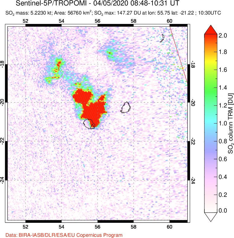 A sulfur dioxide image over Reunion Island, Indian Ocean on Apr 05, 2020.