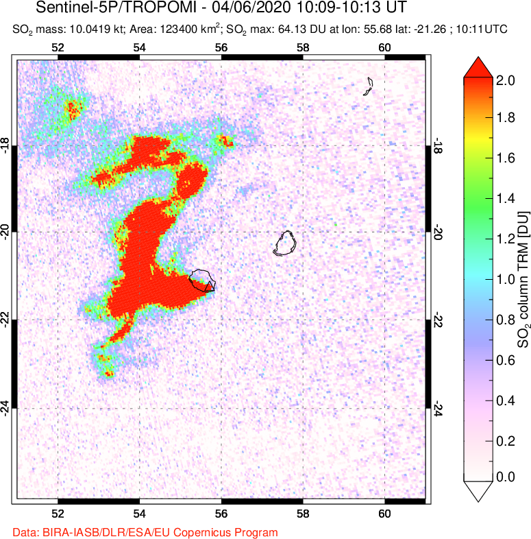 A sulfur dioxide image over Reunion Island, Indian Ocean on Apr 06, 2020.