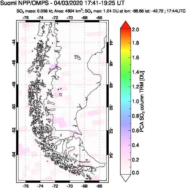 A sulfur dioxide image over Southern Chile on Apr 03, 2020.