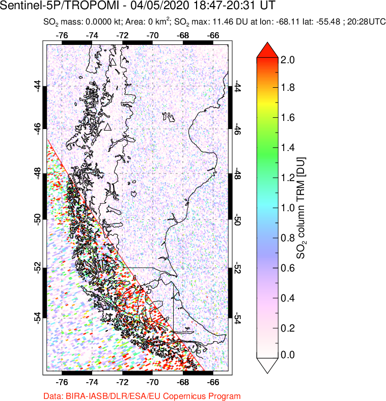 A sulfur dioxide image over Southern Chile on Apr 05, 2020.