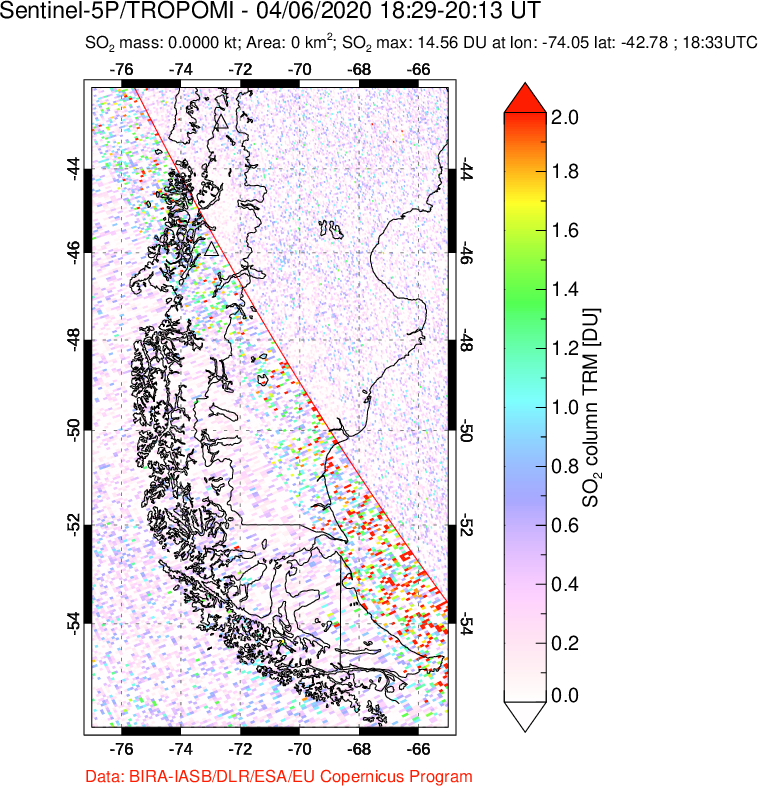 A sulfur dioxide image over Southern Chile on Apr 06, 2020.
