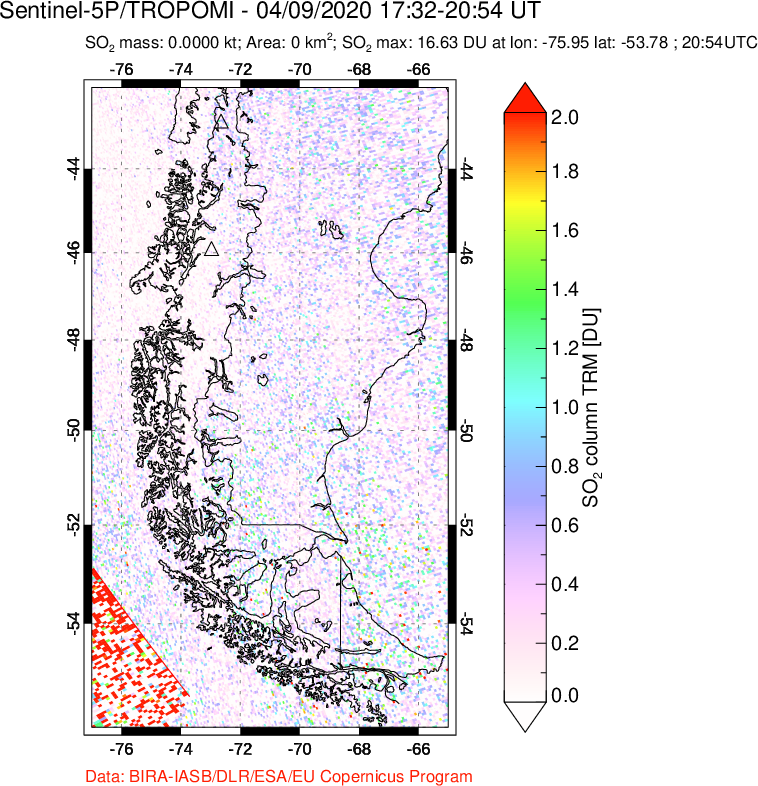 A sulfur dioxide image over Southern Chile on Apr 09, 2020.