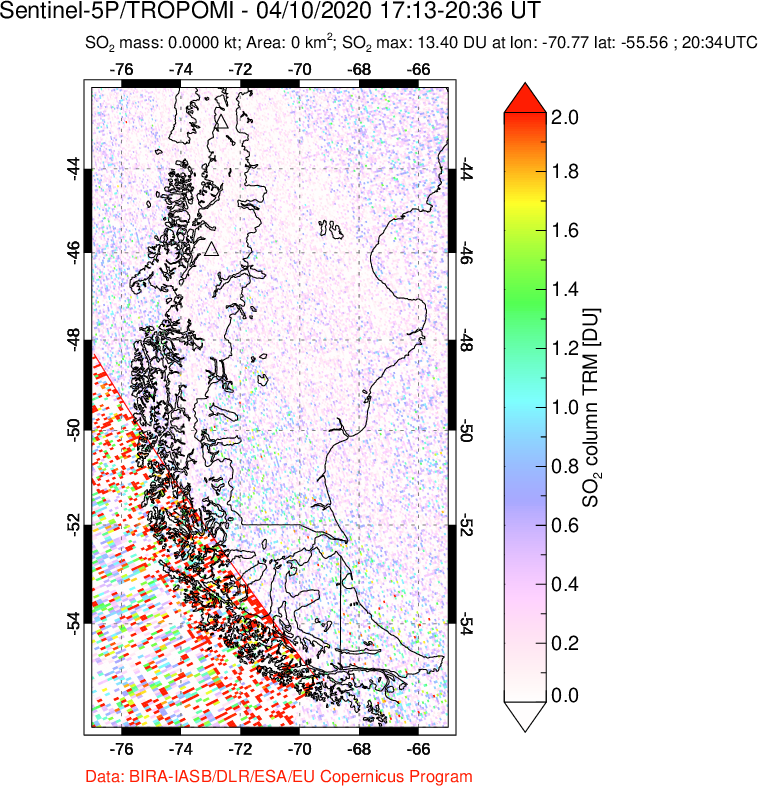 A sulfur dioxide image over Southern Chile on Apr 10, 2020.