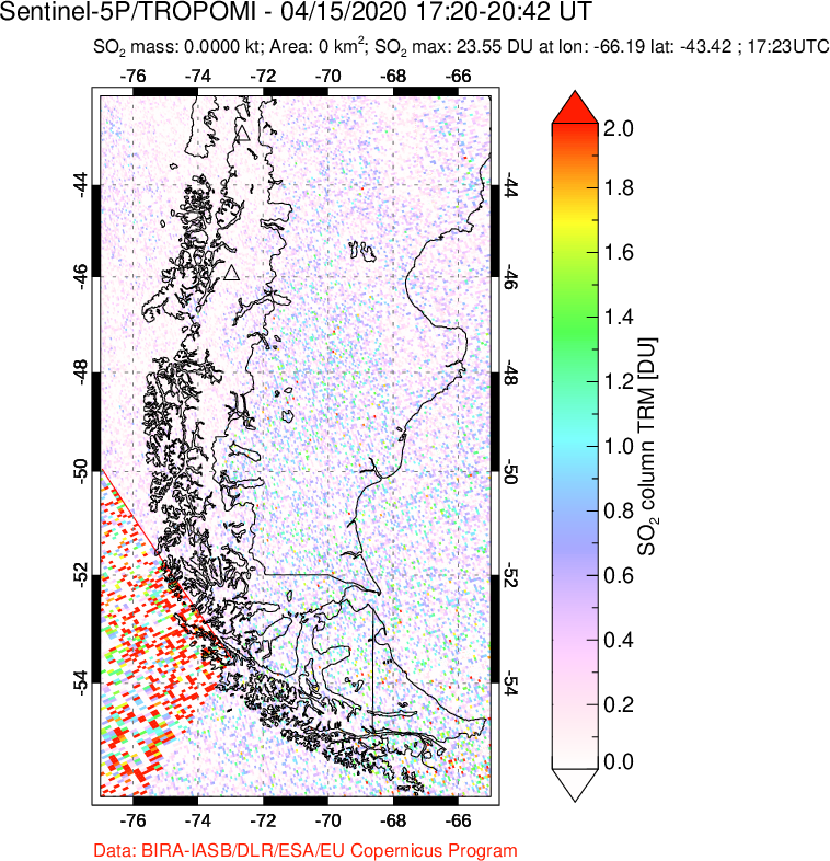 A sulfur dioxide image over Southern Chile on Apr 15, 2020.