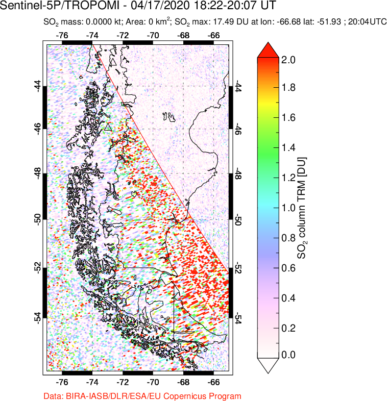 A sulfur dioxide image over Southern Chile on Apr 17, 2020.