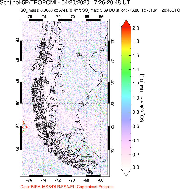 A sulfur dioxide image over Southern Chile on Apr 20, 2020.