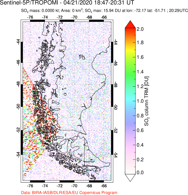 A sulfur dioxide image over Southern Chile on Apr 21, 2020.