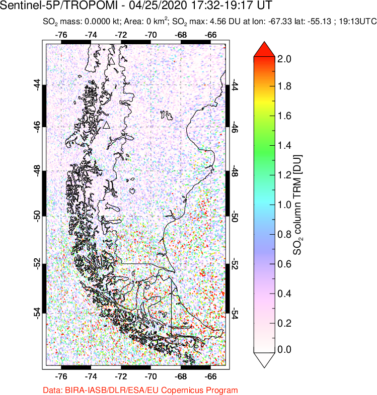 A sulfur dioxide image over Southern Chile on Apr 25, 2020.
