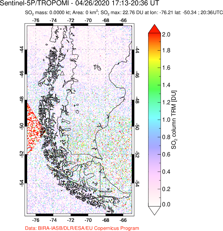 A sulfur dioxide image over Southern Chile on Apr 26, 2020.