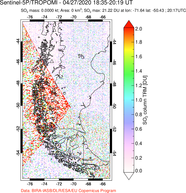 A sulfur dioxide image over Southern Chile on Apr 27, 2020.