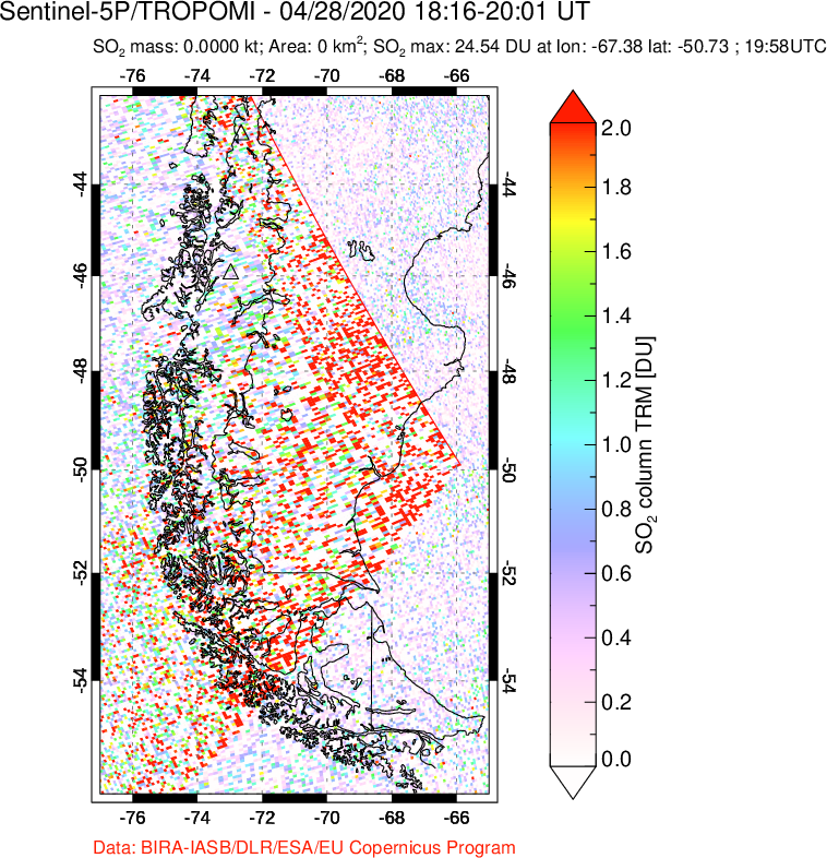 A sulfur dioxide image over Southern Chile on Apr 28, 2020.