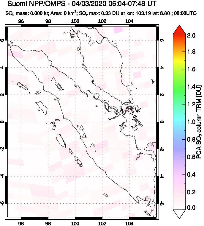 A sulfur dioxide image over Sumatra, Indonesia on Apr 03, 2020.