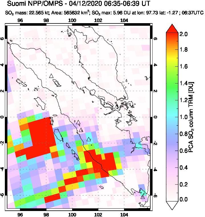 A sulfur dioxide image over Sumatra, Indonesia on Apr 12, 2020.