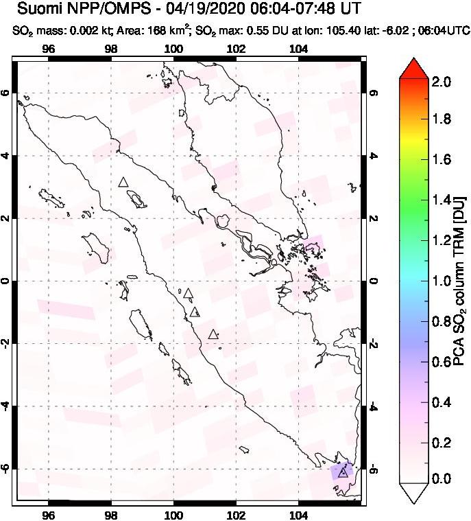 A sulfur dioxide image over Sumatra, Indonesia on Apr 19, 2020.