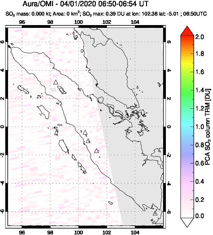 A sulfur dioxide image over Sumatra, Indonesia on Apr 01, 2020.