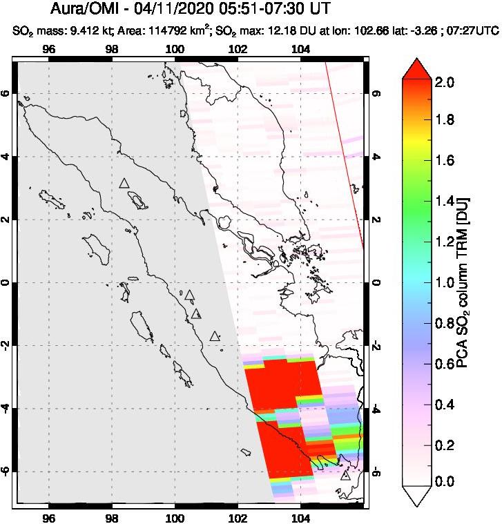 A sulfur dioxide image over Sumatra, Indonesia on Apr 11, 2020.