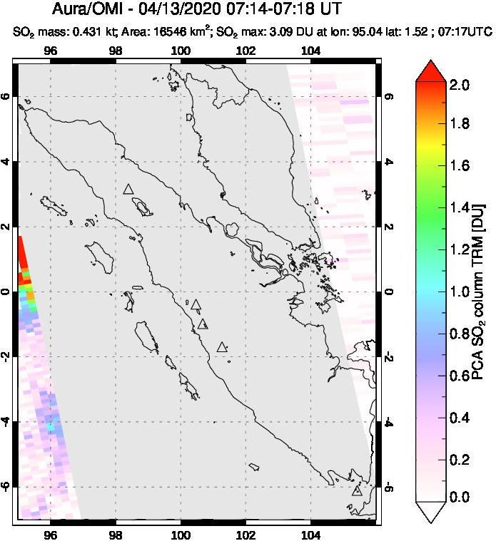 A sulfur dioxide image over Sumatra, Indonesia on Apr 13, 2020.
