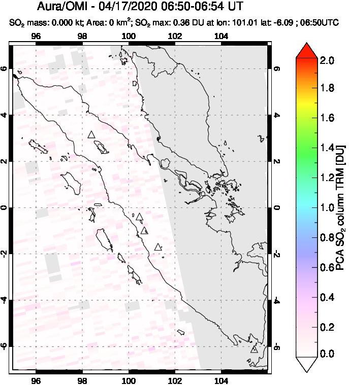 A sulfur dioxide image over Sumatra, Indonesia on Apr 17, 2020.