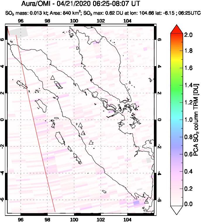 A sulfur dioxide image over Sumatra, Indonesia on Apr 21, 2020.
