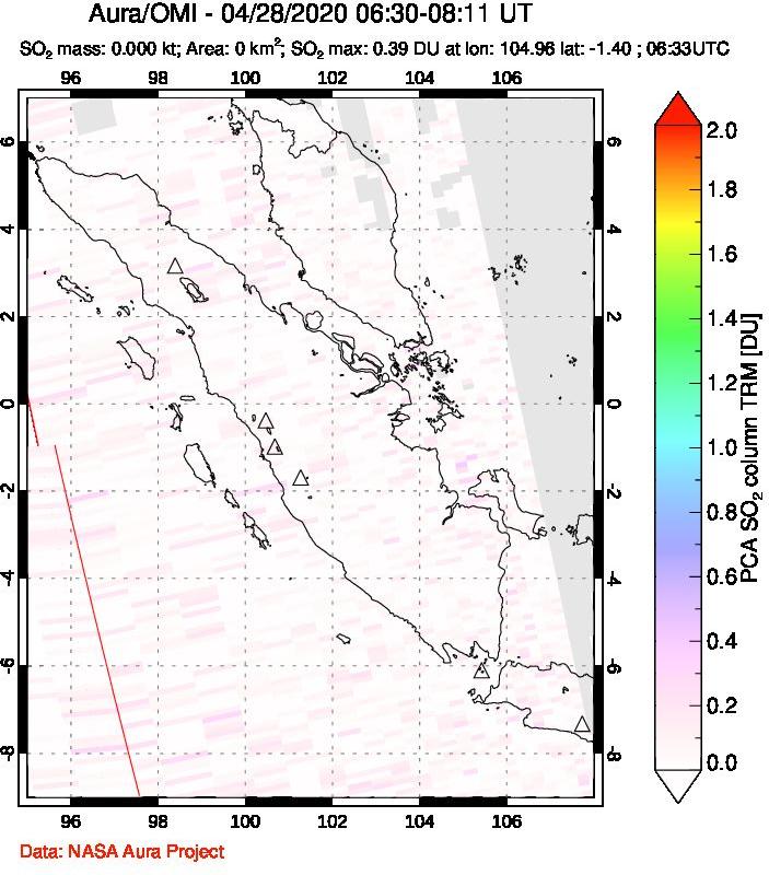 A sulfur dioxide image over Sumatra, Indonesia on Apr 28, 2020.