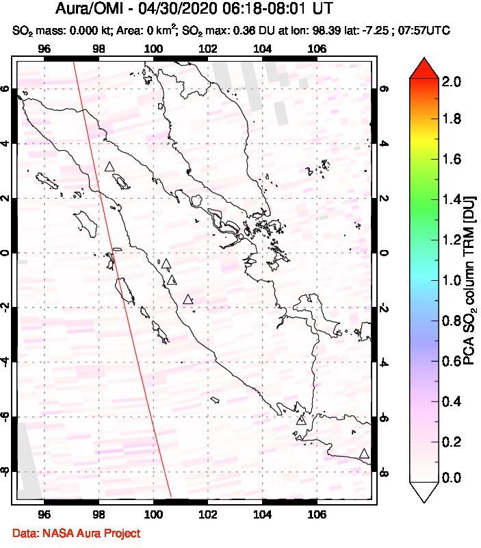 A sulfur dioxide image over Sumatra, Indonesia on Apr 30, 2020.