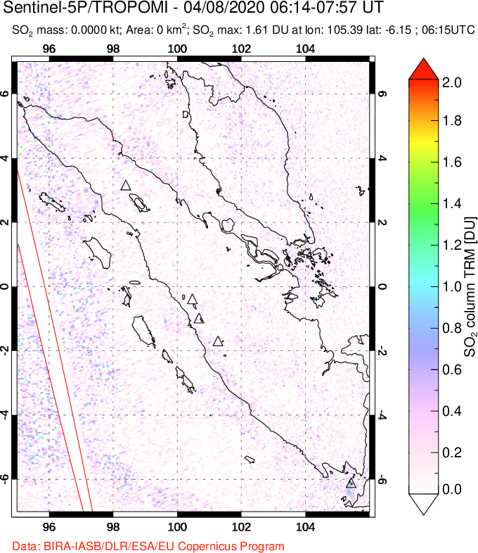 A sulfur dioxide image over Sumatra, Indonesia on Apr 08, 2020.