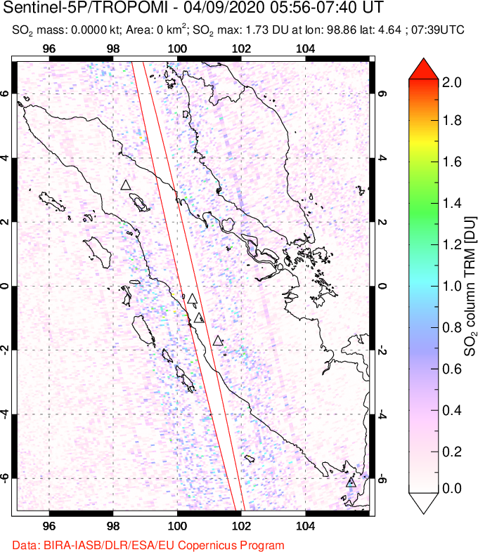 A sulfur dioxide image over Sumatra, Indonesia on Apr 09, 2020.