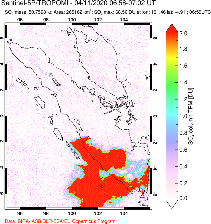 A sulfur dioxide image over Sumatra, Indonesia on Apr 11, 2020.