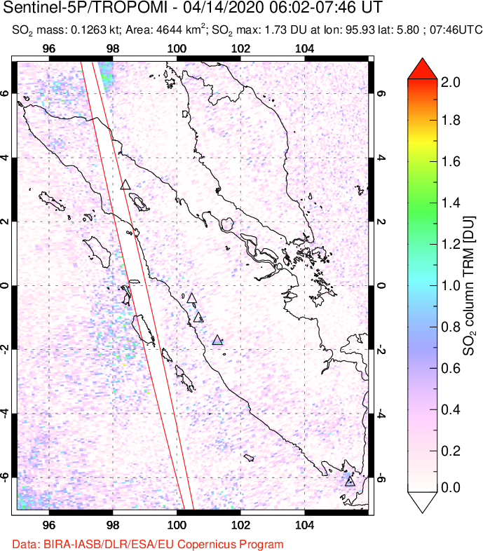 A sulfur dioxide image over Sumatra, Indonesia on Apr 14, 2020.