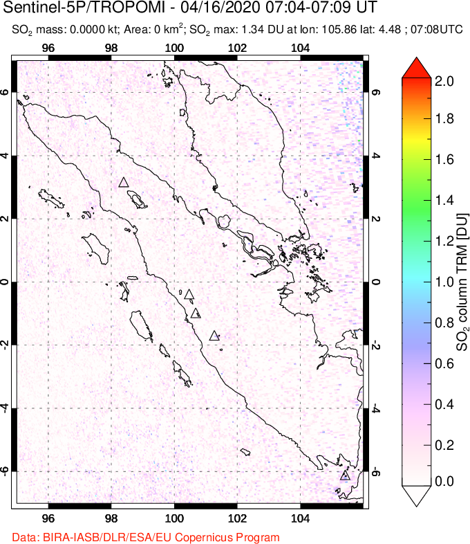 A sulfur dioxide image over Sumatra, Indonesia on Apr 16, 2020.