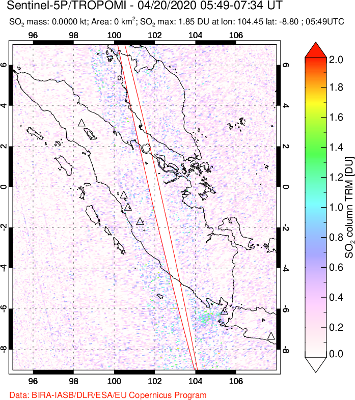 A sulfur dioxide image over Sumatra, Indonesia on Apr 20, 2020.