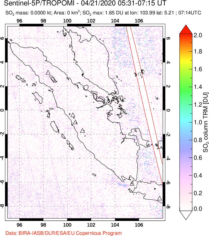A sulfur dioxide image over Sumatra, Indonesia on Apr 21, 2020.