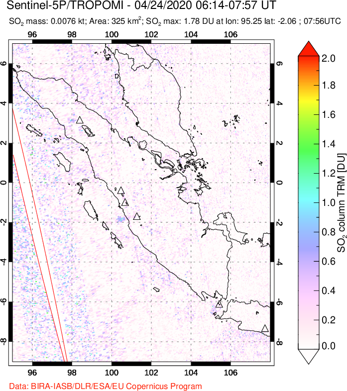 A sulfur dioxide image over Sumatra, Indonesia on Apr 24, 2020.