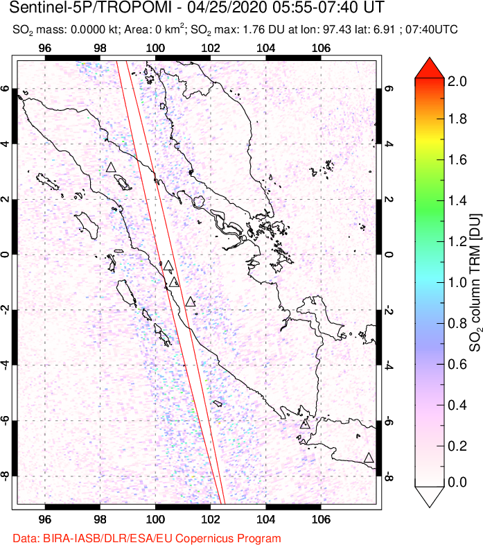A sulfur dioxide image over Sumatra, Indonesia on Apr 25, 2020.