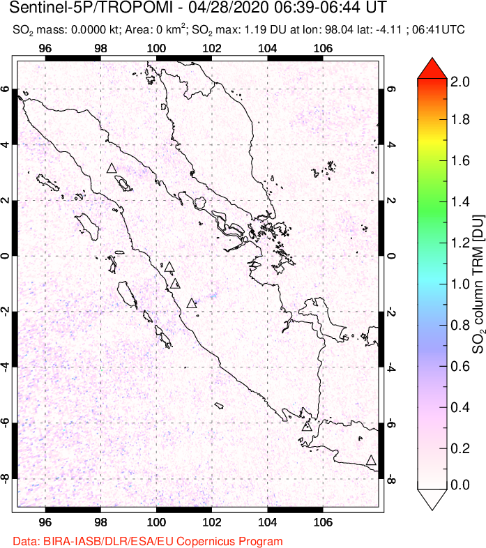 A sulfur dioxide image over Sumatra, Indonesia on Apr 28, 2020.