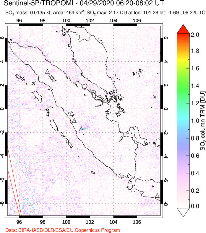 A sulfur dioxide image over Sumatra, Indonesia on Apr 29, 2020.