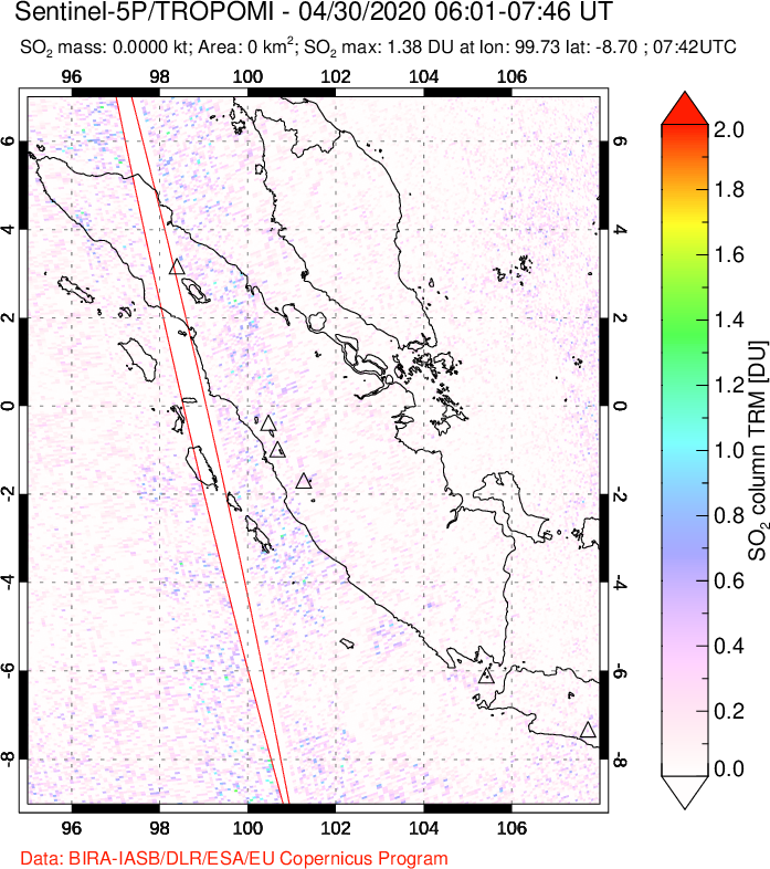 A sulfur dioxide image over Sumatra, Indonesia on Apr 30, 2020.
