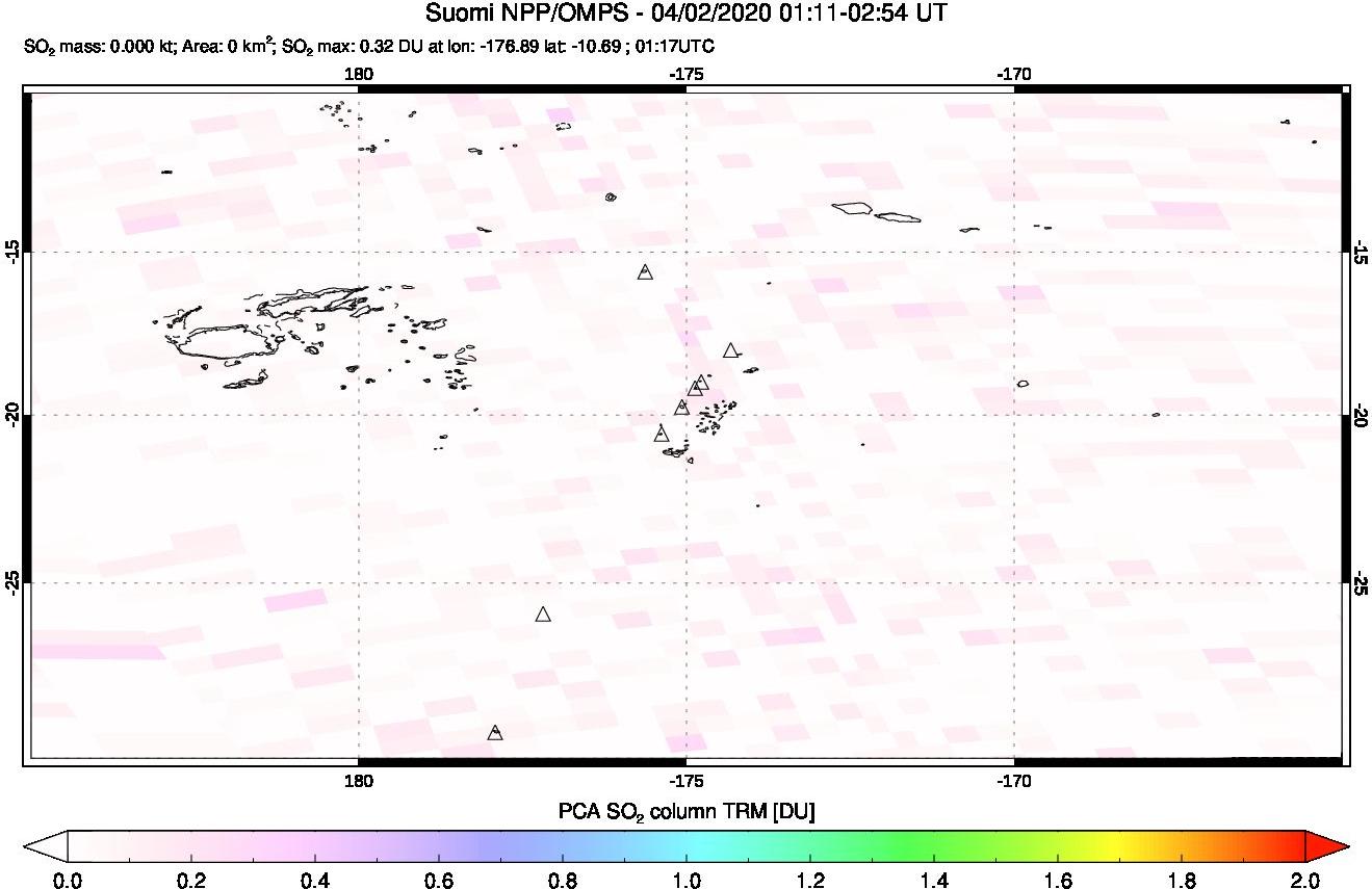 A sulfur dioxide image over Tonga, South Pacific on Apr 02, 2020.