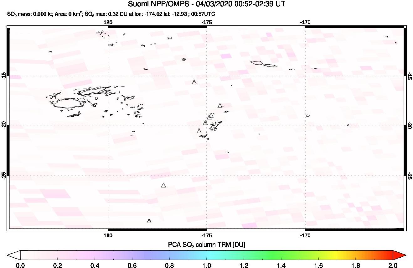A sulfur dioxide image over Tonga, South Pacific on Apr 03, 2020.