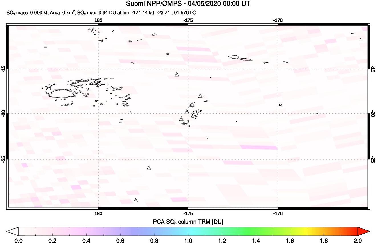 A sulfur dioxide image over Tonga, South Pacific on Apr 05, 2020.