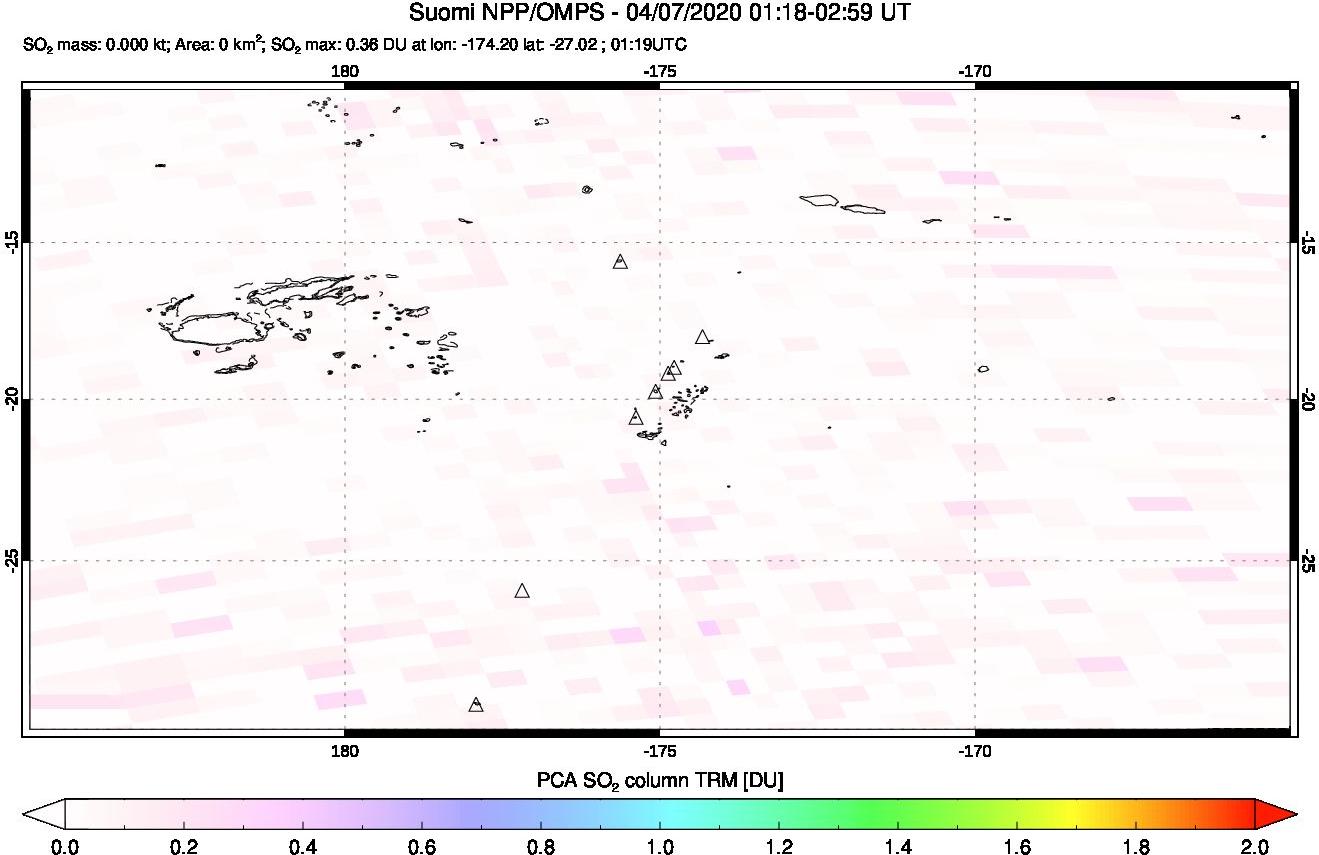 A sulfur dioxide image over Tonga, South Pacific on Apr 07, 2020.