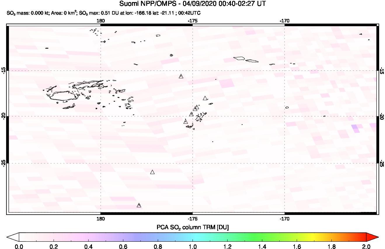 A sulfur dioxide image over Tonga, South Pacific on Apr 09, 2020.