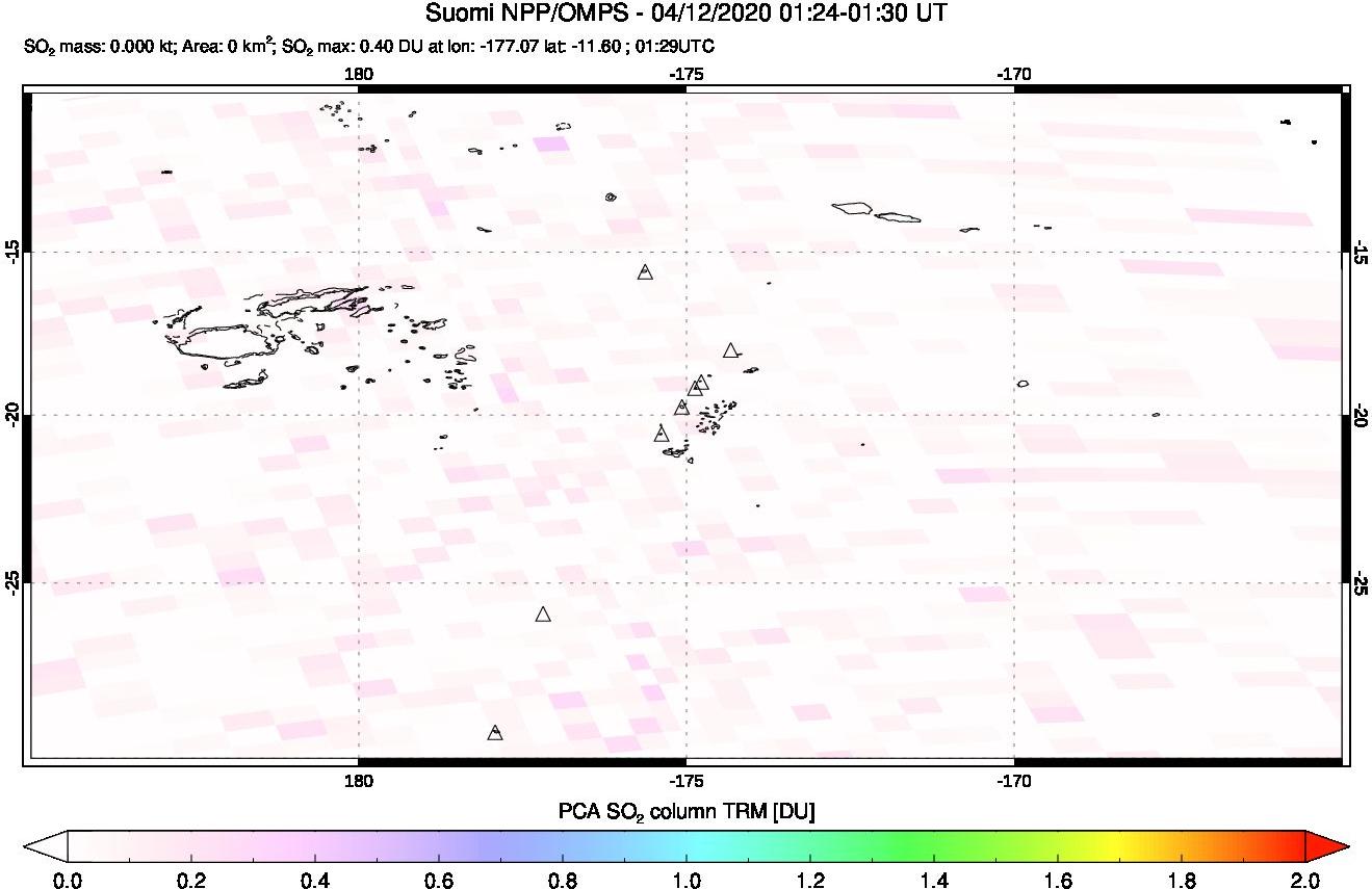 A sulfur dioxide image over Tonga, South Pacific on Apr 12, 2020.