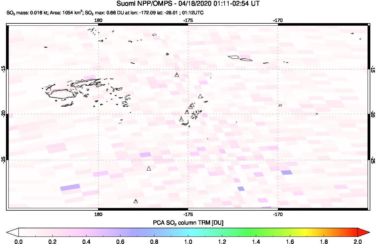 A sulfur dioxide image over Tonga, South Pacific on Apr 18, 2020.